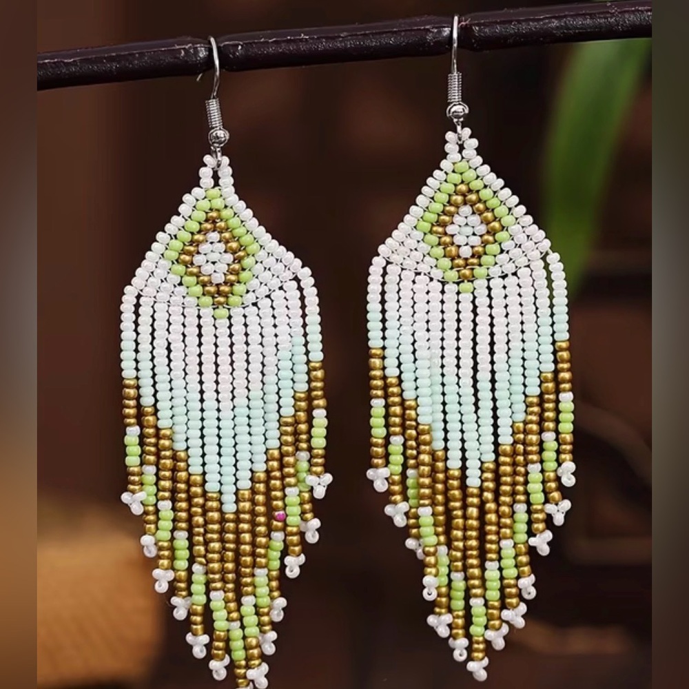 3.54”  White, Gold & Green Beaded Fringe Earrings